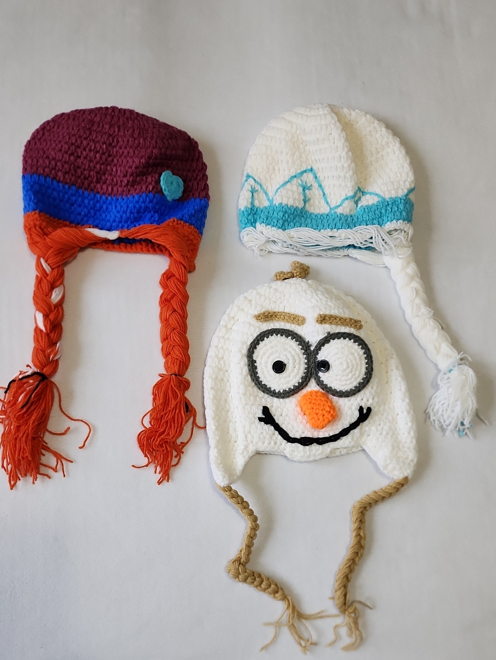 Anna, Elsa, & Olaf Set Of Handmade Crochet Hats - White, Burgundy, Blue, Orange